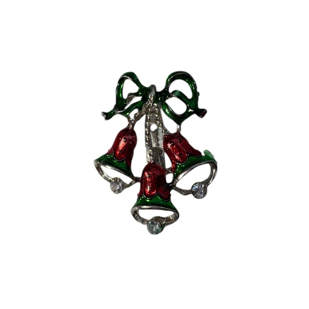 Vintage Silver Tone‎ Red Green Enamel Rhinestone Holiday Bells Bow Brooch Pin